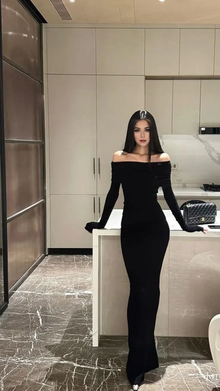 TingPo Wholesale Elegant Modest Sheath Off The Shoulder Black Long Sleeves Backless Prom Dresses Long Evening Dress